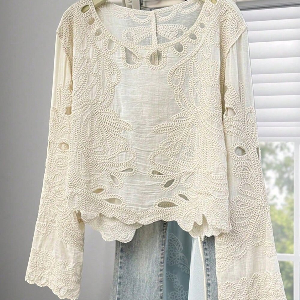 Apricot Boho Casual Women's Long Sleeve Lace Blouse - Picture 4 of 8